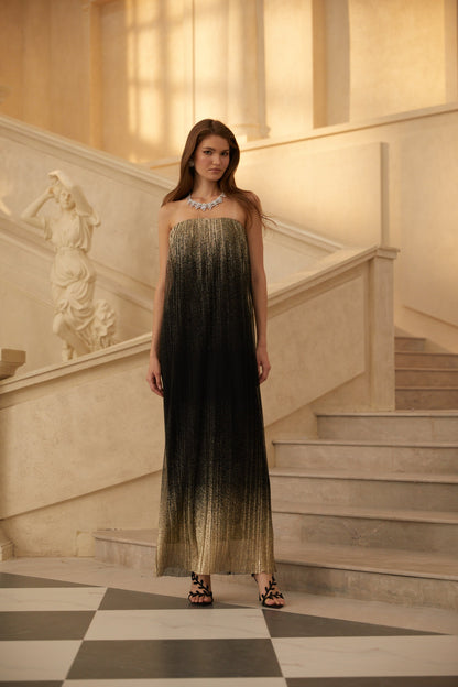 Ysaline Black Glittered Pleated Tulle Maxi Dress