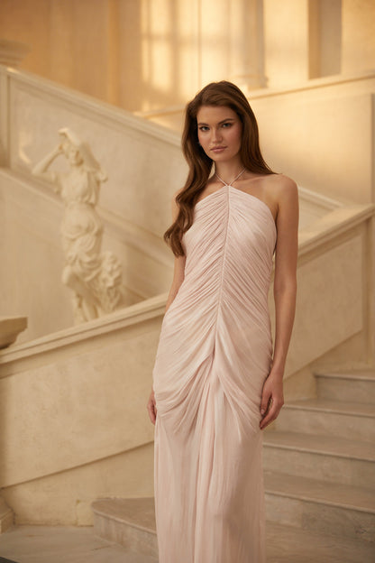 Ivresse Pink Halterneck Ruched Maxi Dress