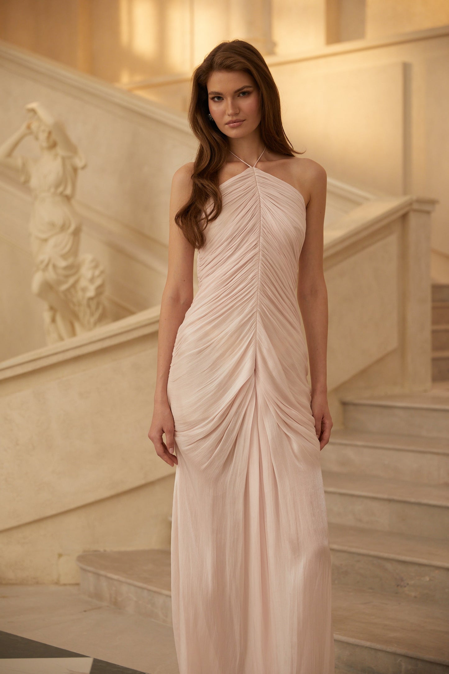 Ivresse Pink Halterneck Ruched Maxi Dress