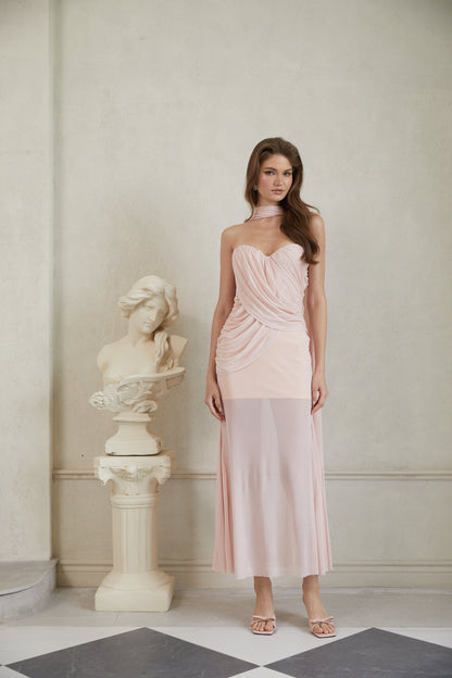 Gaia Pink Ruched Mesh Maxi Dress