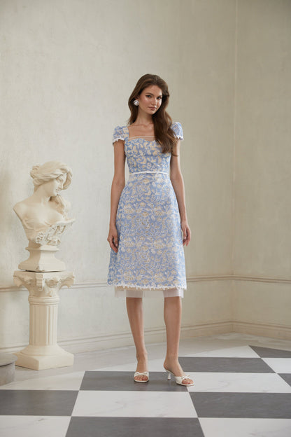 Gaëlle Blue Floral Embroidered Midi Dress