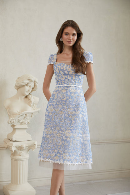 Gaëlle Blue Floral Embroidered Midi Dress