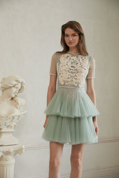 Aikaterini Green Floral Braided Tulle Mini Dress