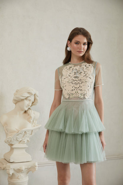 Aikaterini Green Floral Braided Tulle Mini Dress
