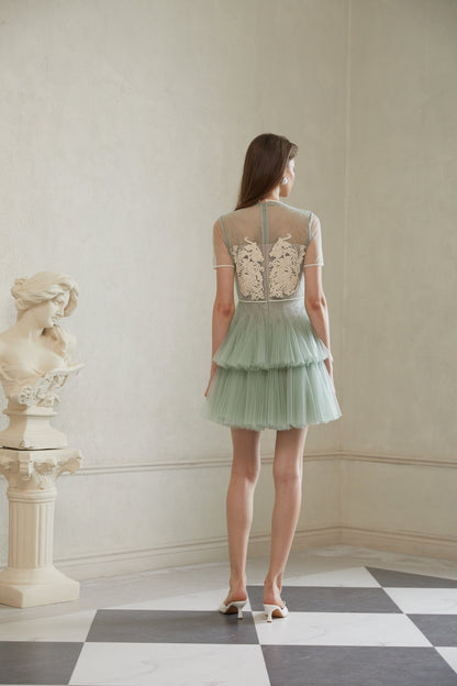Aikaterini Green Floral Braided Tulle Mini Dress