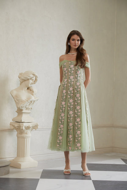 Eleni Green Tulle Panel Floral Midi Dress