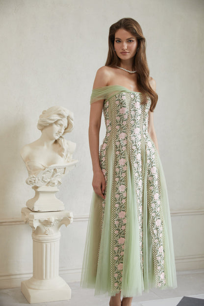 Eleni Green Tulle Panel Floral Midi Dress