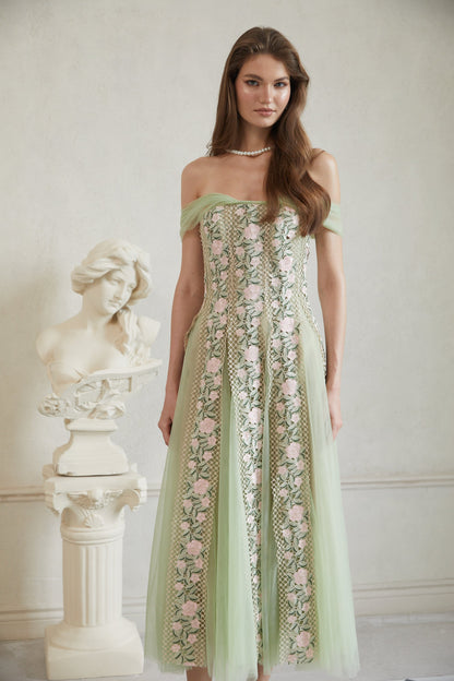 Eleni Green Tulle Panel Floral Midi Dress