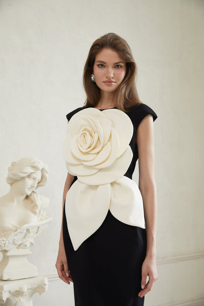 Aurélienne Black 3D Petal Pencil Midi Dress