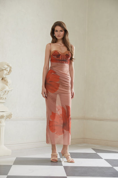 Églantine Brown Floral Print Mesh Maxi Dress