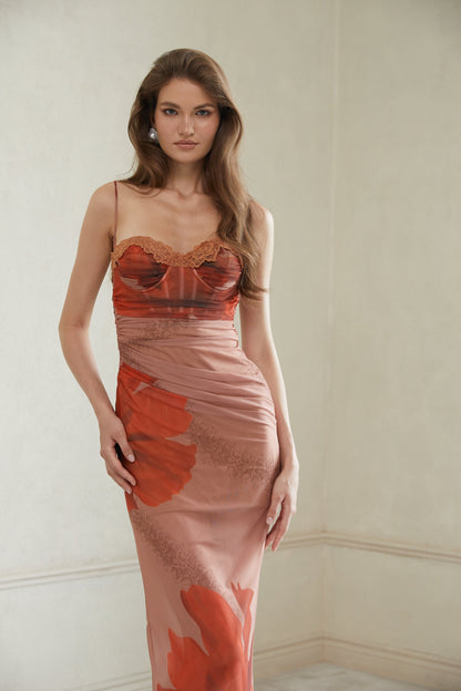 Églantine Brown Floral Print Mesh Maxi Dress