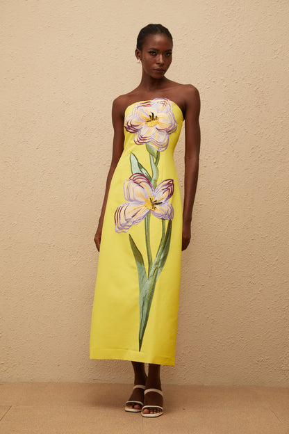 Irène Sequin Embroidered Off-Shoulder Midi Dress in Yellow