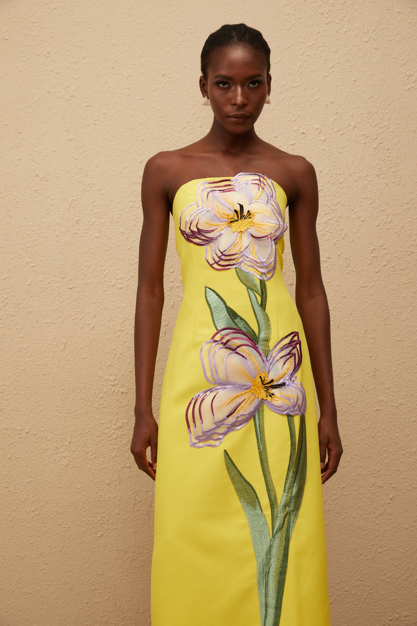 Irène Sequin Embroidered Off-Shoulder Midi Dress in Yellow