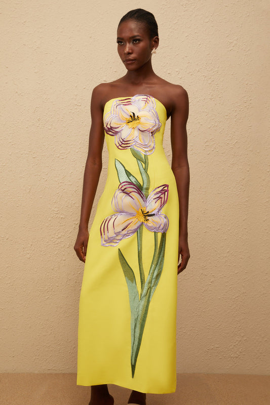 Irène Sequin Embroidered Off-Shoulder Midi Dress in Yellow