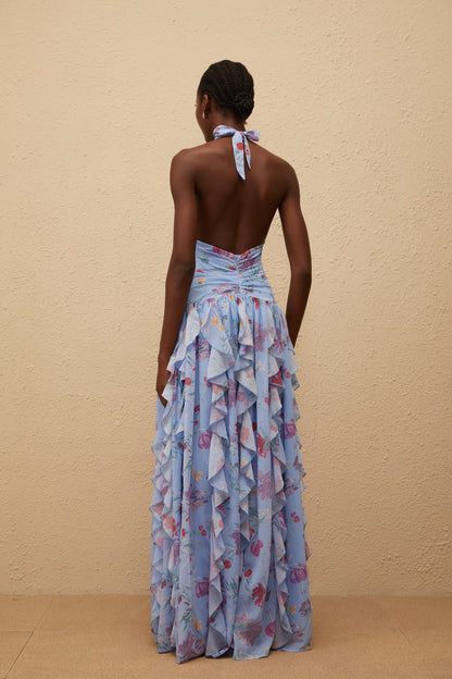 Thaïs Blue Ruffled Floral Print Maxi Dress