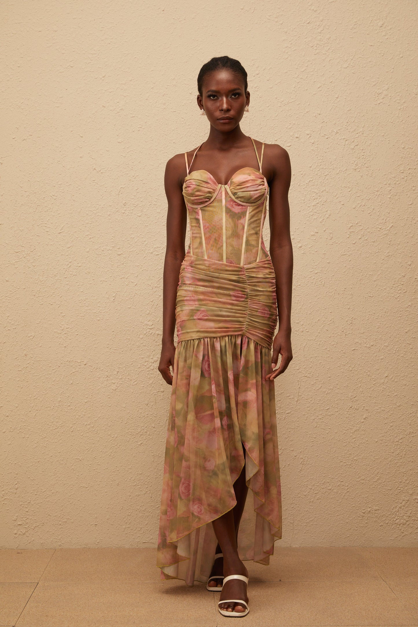Fleur Green Floral Print Mesh Maxi Dress