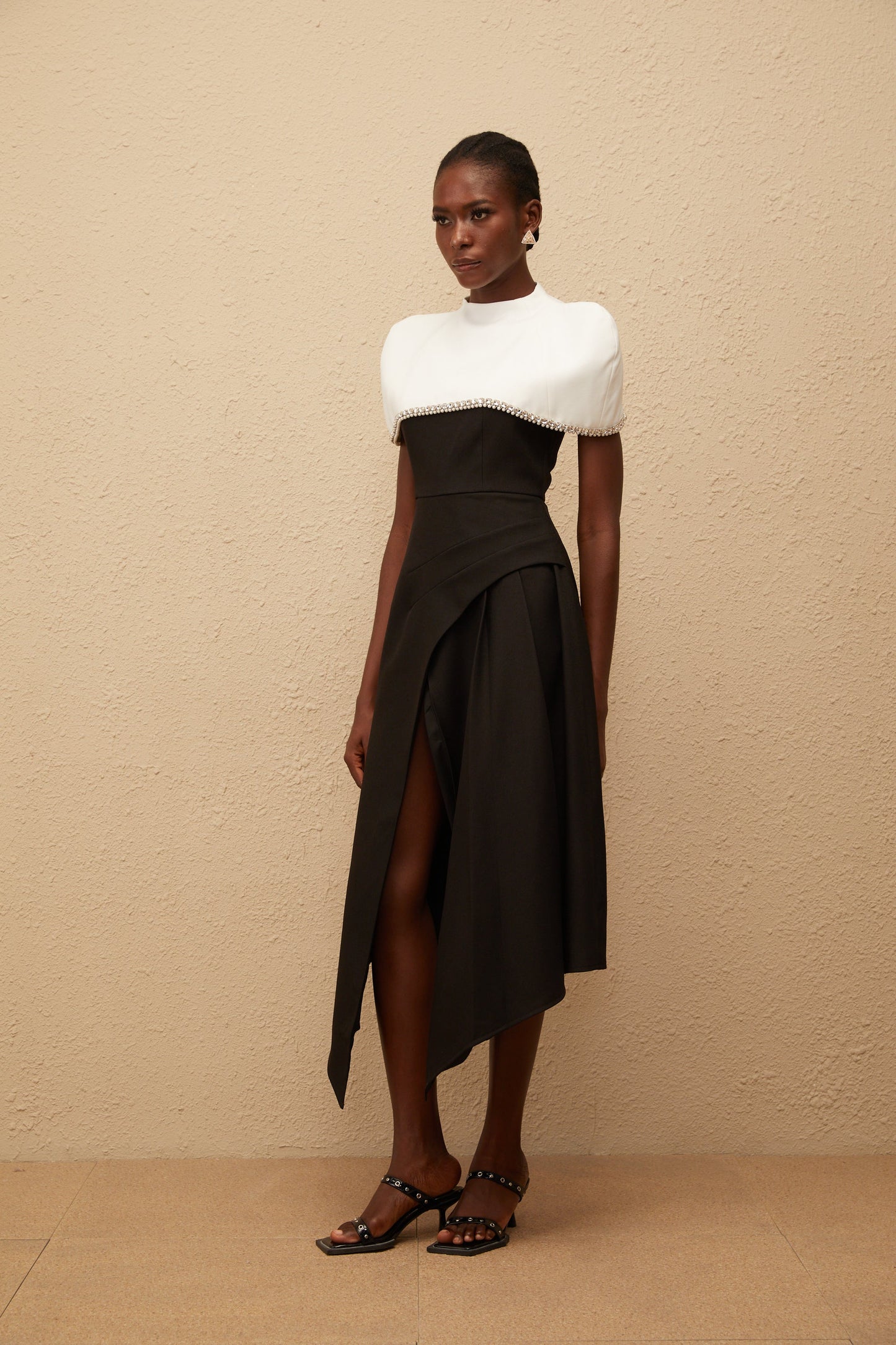 Fabienne Color Block Midi Dress with Embellished Shawl