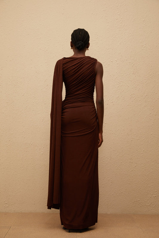 Paloma Brown Sleeveless Asymmetrical Ruched Knit Maxi Dress