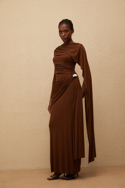 Paloma Brown Asymmetrical Ruched Knit Maxi Dress