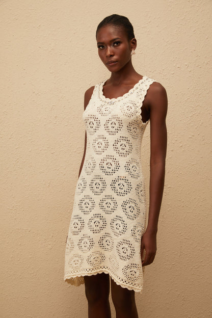Ismérie White Scalloped Crochet Knit Mini Dress