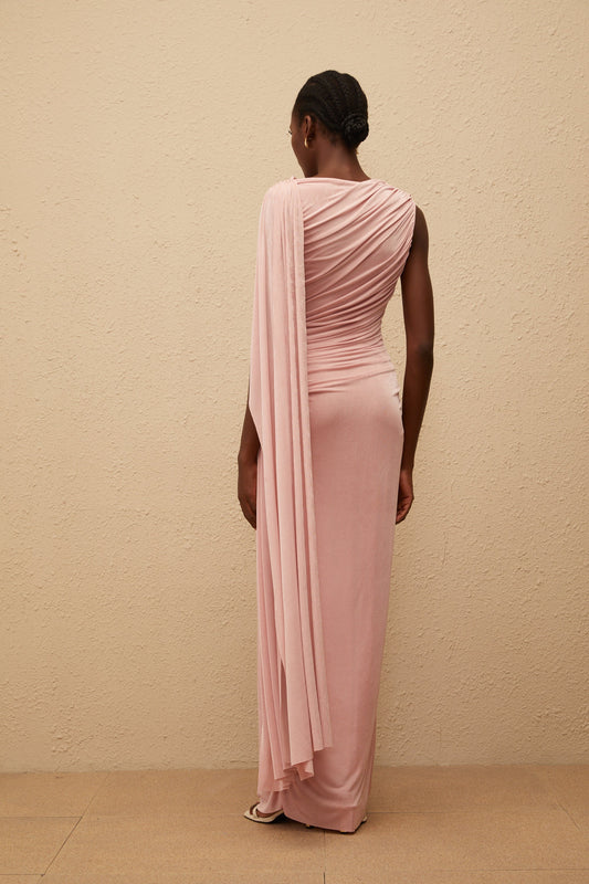 Paloma Pink Sleeveless Asymmetrical Ruched Knit Maxi Dress
