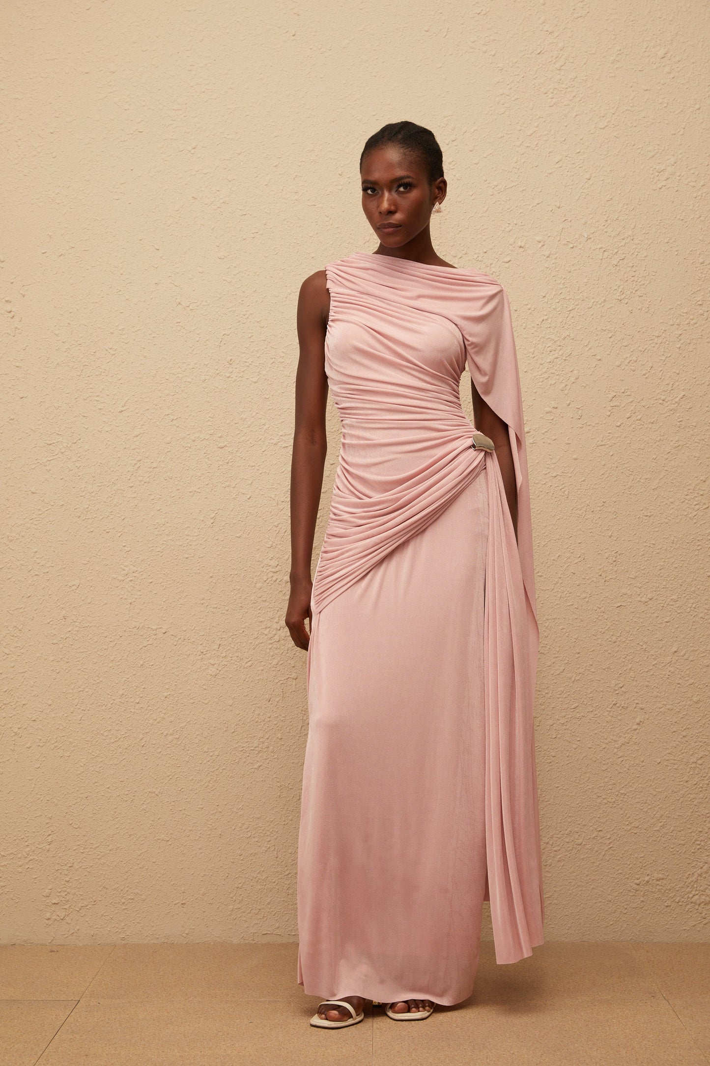 Paloma Pink Sleeveless Asymmetrical Ruched Knit Maxi Dress
