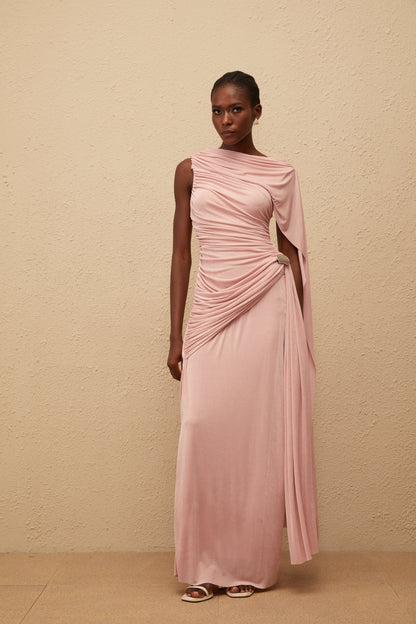 Paloma Pink Sleeveless Asymmetrical Ruched Knit Maxi Dress