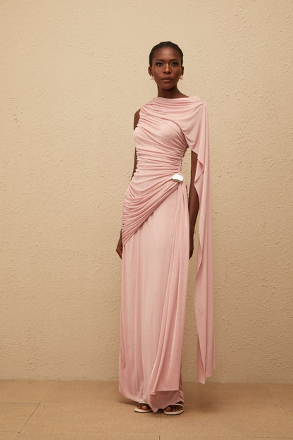 Paloma Pink Sleeveless Asymmetrical Ruched Knit Maxi Dress