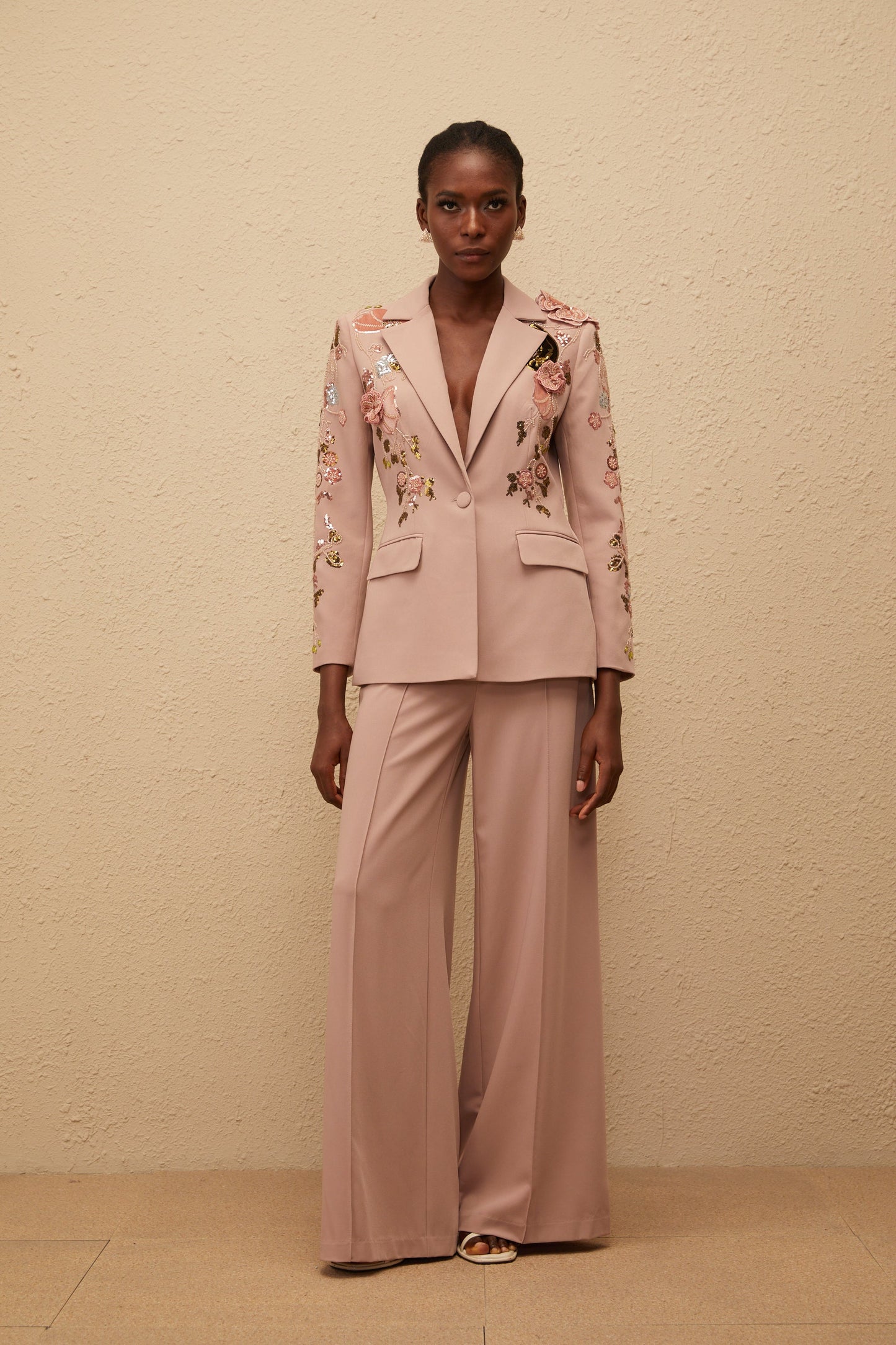 Morgane Dusty Pink Sequined Floral Blazer & Trousers Set