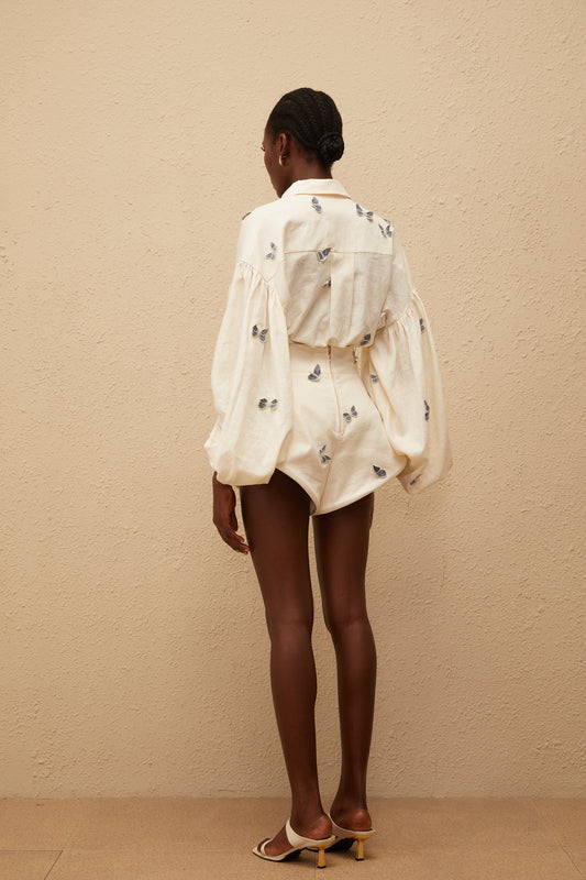Ophélie White Butterfly Embroidered Shirt & Shorts Set