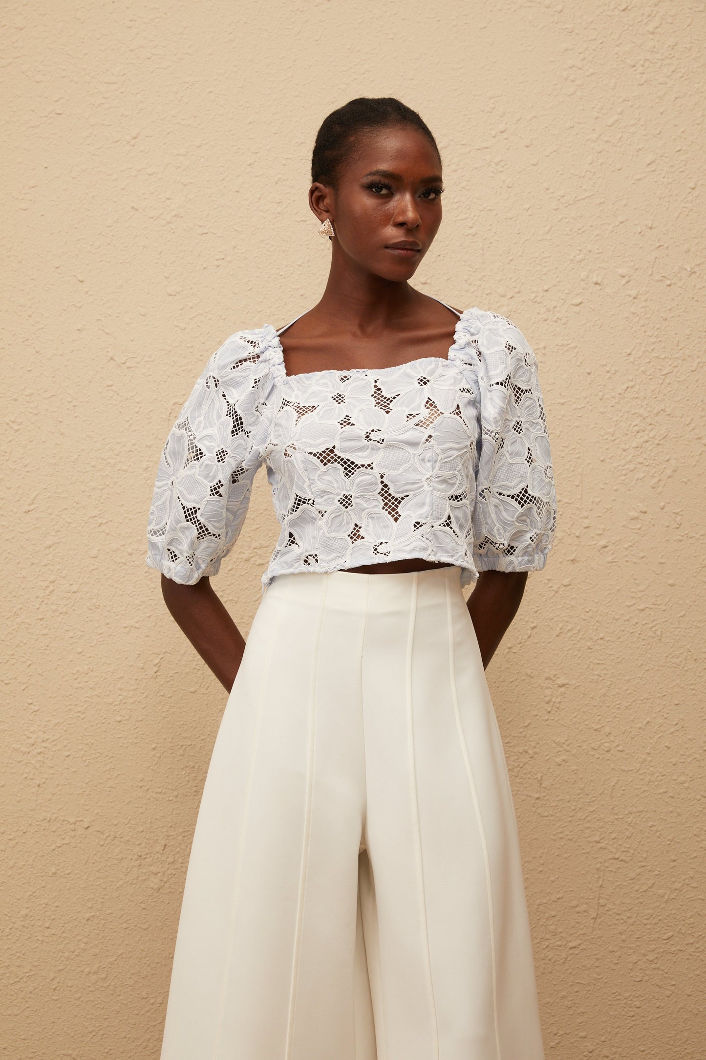 Kirsti Blue Crochet Floral Jacquard Crop Top