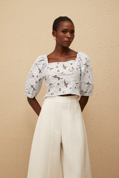 Kirsti Blue Crochet Floral Jacquard Crop Top