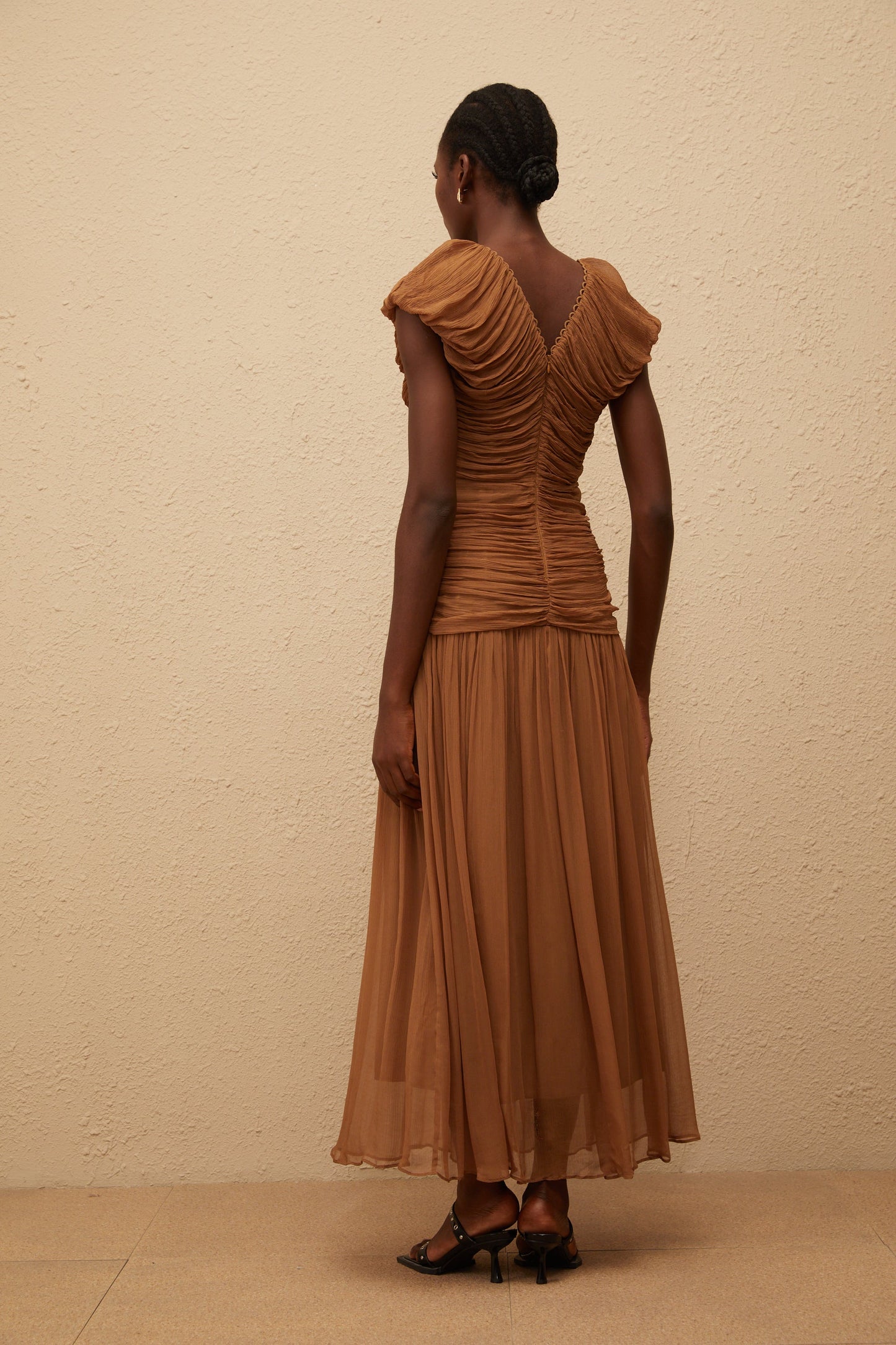 Vérane Brown Ruched Chiffon Maxi Dress