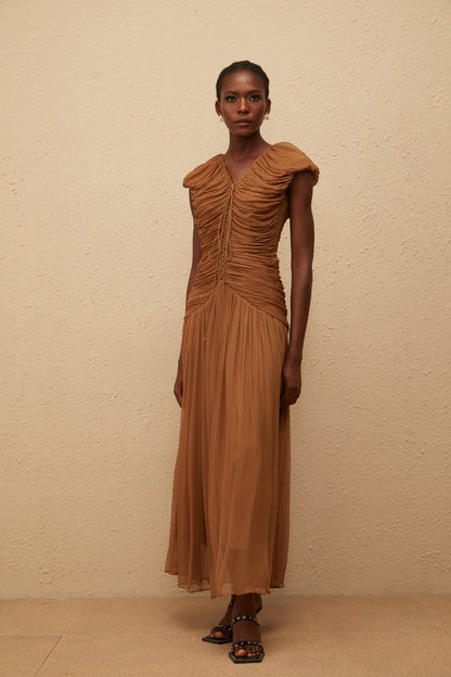 Vérane Brown Ruched Chiffon Maxi Dress