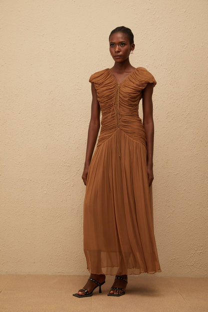Vérane Brown Ruched Chiffon Maxi Dress