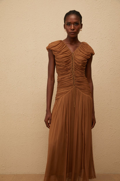 Vérane Brown Ruched Chiffon Maxi Dress