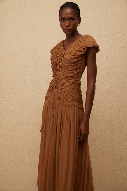 Vérane Brown Ruched Chiffon Maxi Dress