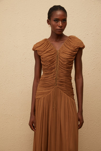 Vérane Brown Ruched Chiffon Maxi Dress