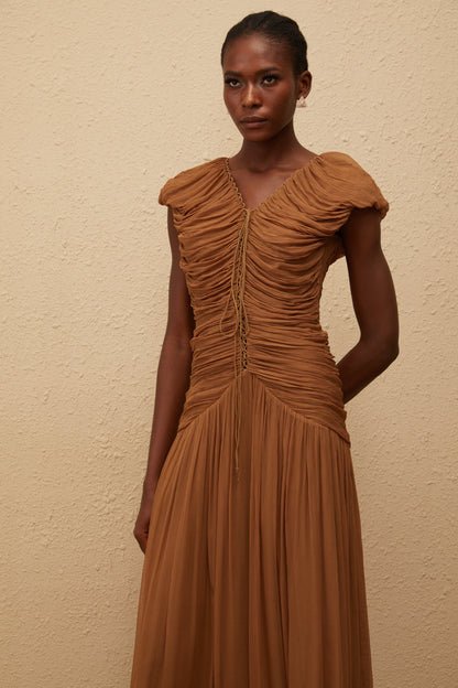 Vérane Brown Ruched Chiffon Maxi Dress