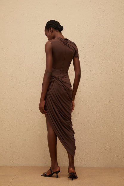 Prune Brown Night Out Asymmetrical Ruched Midi Dress