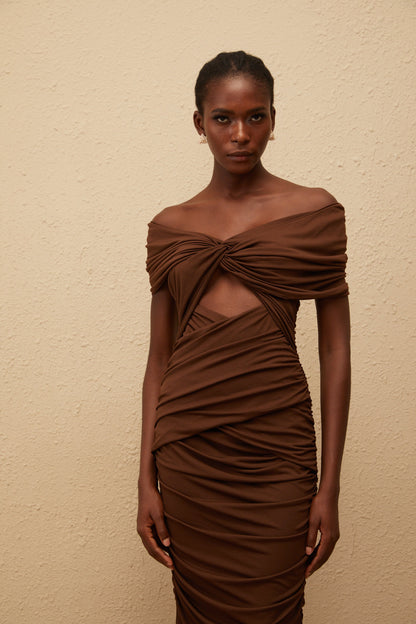 Liliane Brown Ruched Knit Maxi Dress