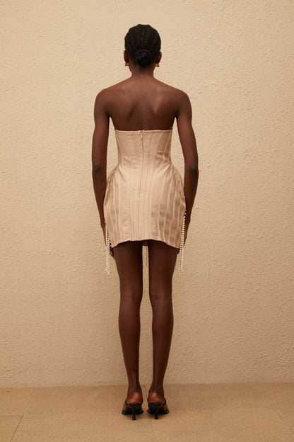 Delilah Neutral Faux Pearl Fringed Mini Dress