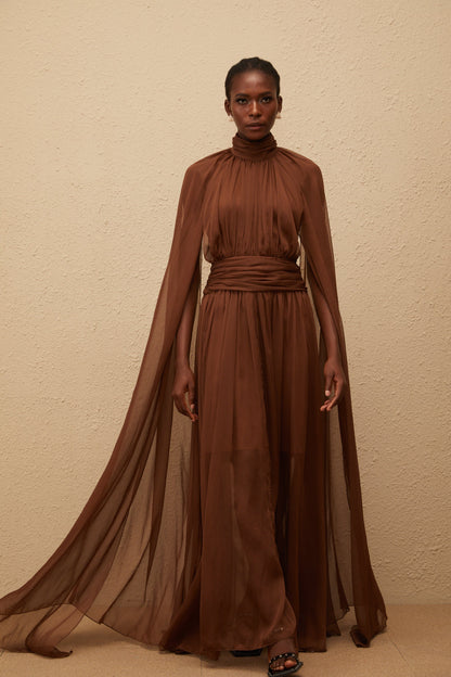 Coralie Brown Cape Design Pleated Tulle Gown