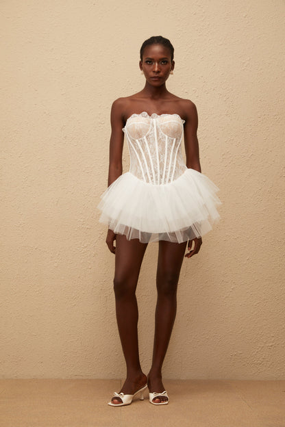 Dagmar White Tulle Panel Lace Mini Dress