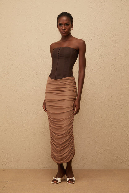 Paisley Brown Panelled Draped Mesh Midi Dress