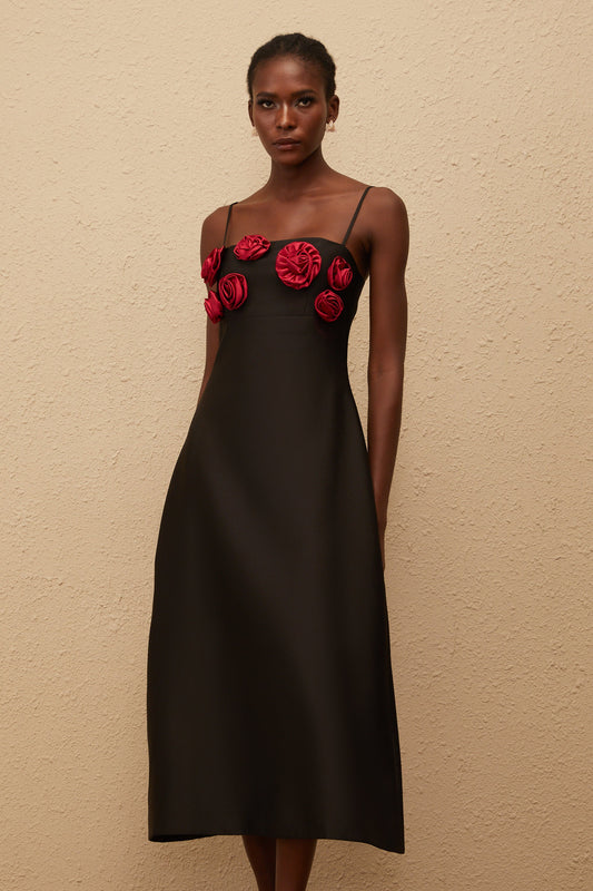 Kéziah Black Rose Appliqué Midi Dress