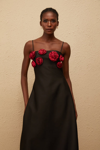 Kéziah Black Rose Appliqué Midi Dress