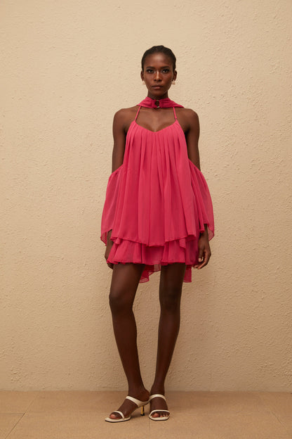 Aveline Hot Pink Pleated Chiffon Mini Dress