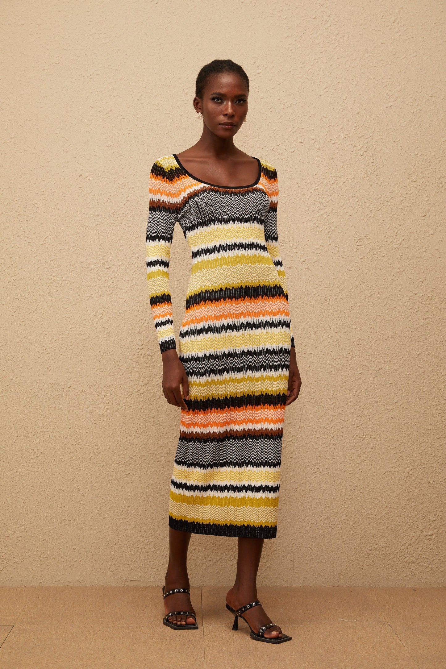 Frédérique Yellow Zigzag Woven Knit Midi Dress
