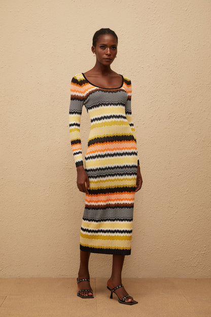 Frédérique Yellow Zigzag Woven Knit Midi Dress